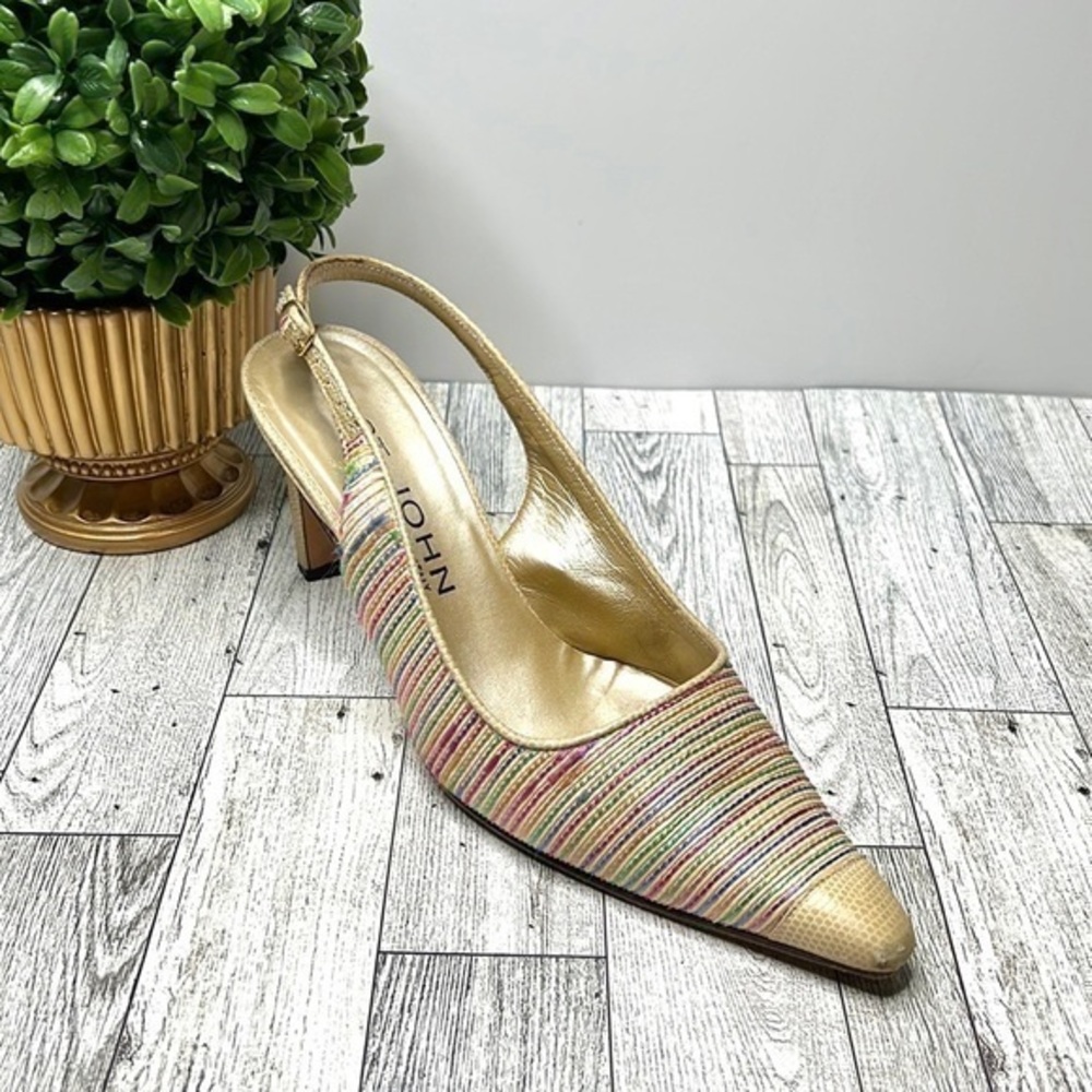St. John Multi Color Raffia and Leather Slingback Heels Size 6 B